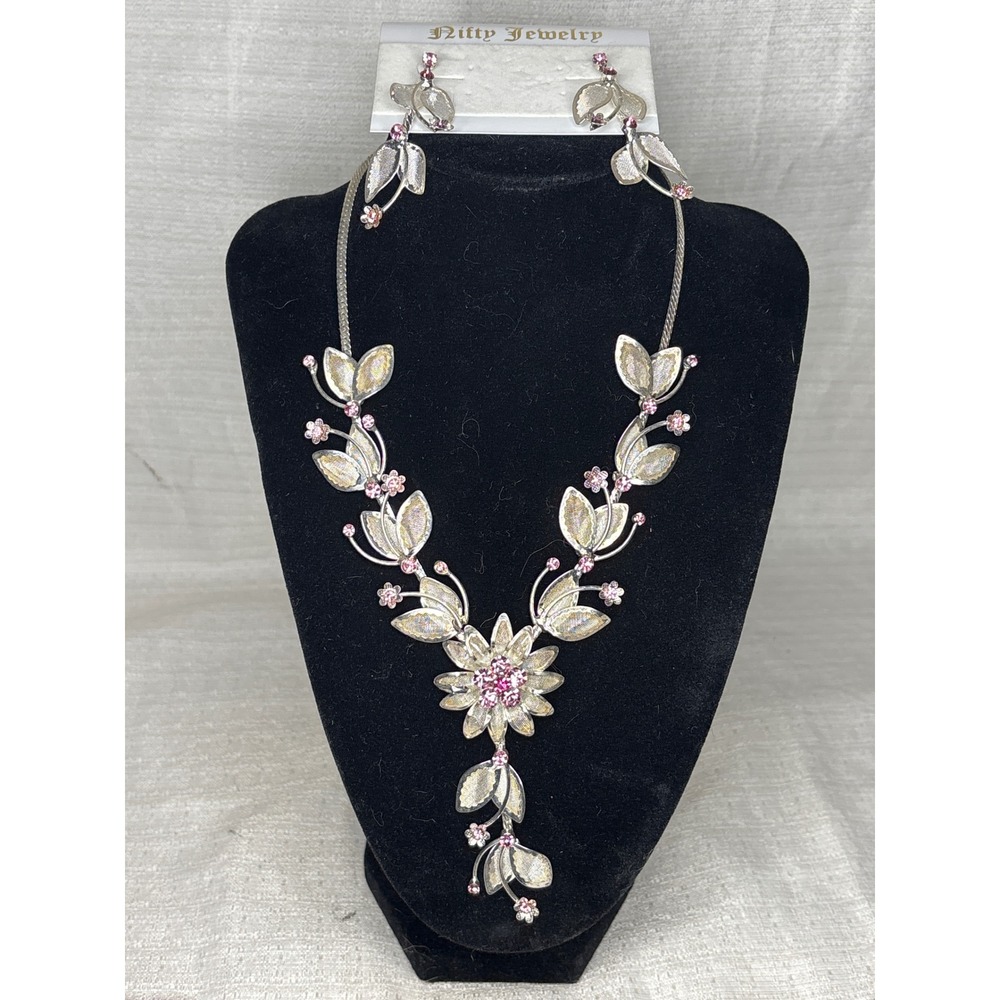 Vtg‎ Nitty Jewelry Silver Tone Necklace & Earrings Pink Rhinestone Flower Leaf